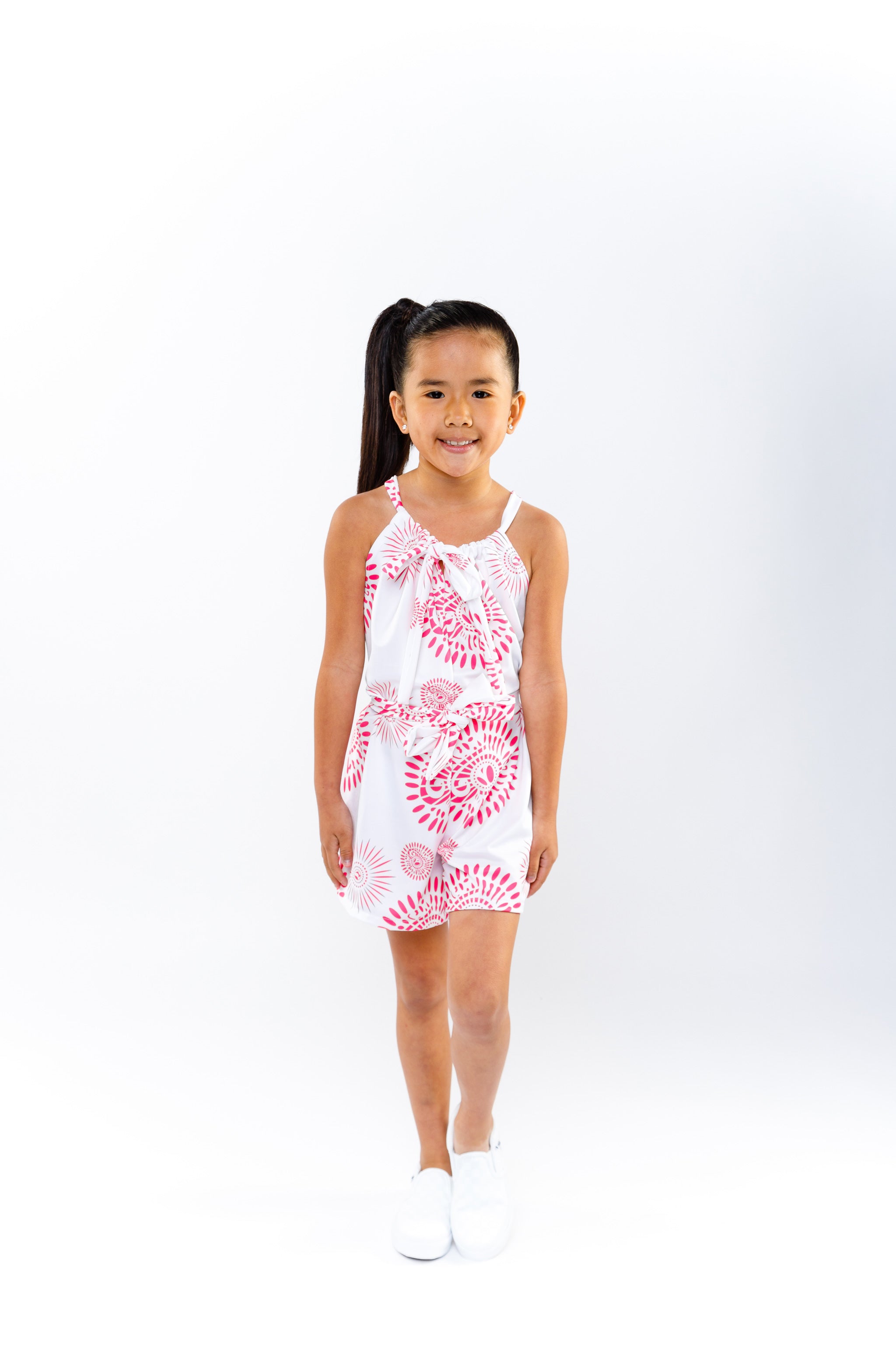 Starburst Collection Lyndon Girl’s Sleeveless Short Romper with Tie Belt